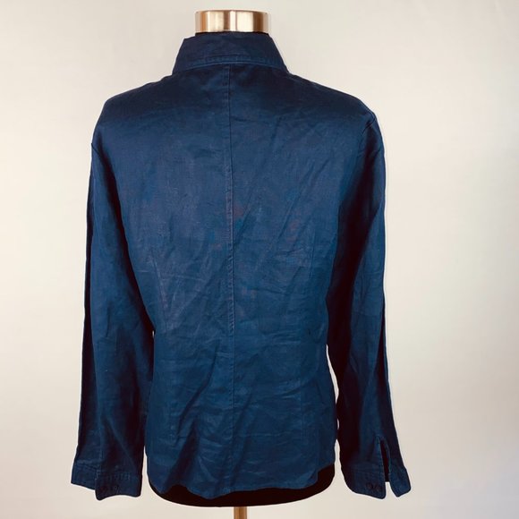 Carole Little Blue Linen Ruffle Neck Top L - Flaw - Picture 6 of 7